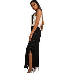 Womens Black Cotton and Polyester Buttoned Wide-Le